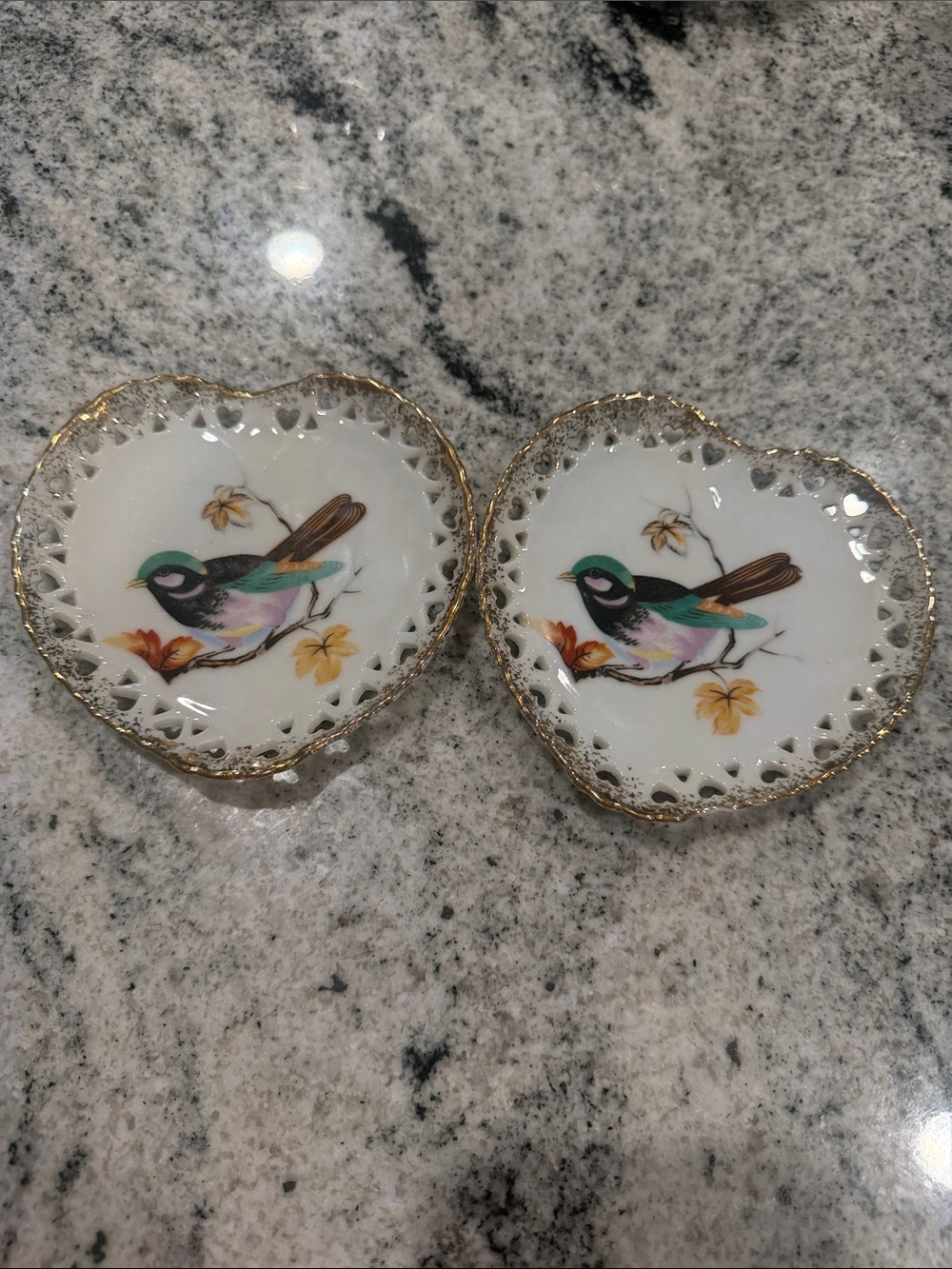 Vintage Relco Japan Heart Dish with Hand Painted Bird Set of Two
